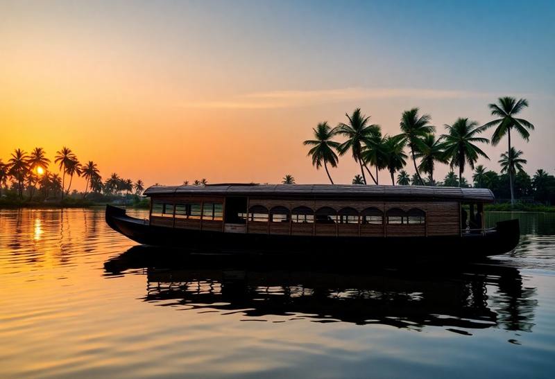 Private houseboat on the Kerala backwaters at sunset